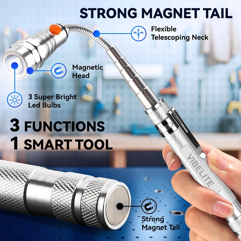 VIBELITE Extendable Magnetic Flashlight with Telescoping Magnet Pickup Tool- Cool Gadget Valentines Day Gifts for Him, Men, Teen Boys, Husband, Dad, Father, Mechanic, Women, Silver - Image 4